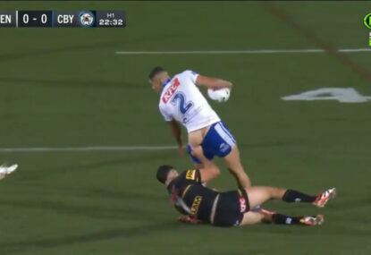 Bulldogs winger pantsed and left injured after being chased down in Nathan Cleary tackle