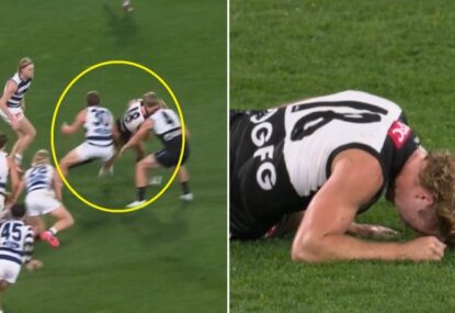 WATCH: Was this a deliberate trip by Cats midfielder that left JHF hobbled?