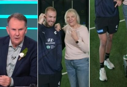 WATCH: Tony Jones complimenting Harry McKay's mum on her height leads to hilarious reveal