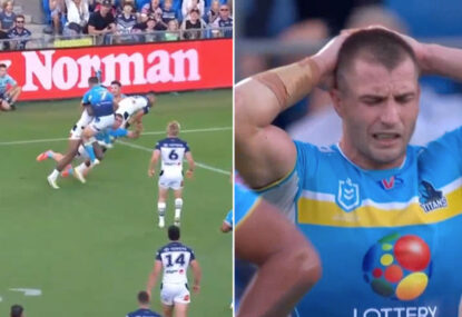 Kieran Foran makes extraordinary jumping tackle in one of THREE first-half try-savers