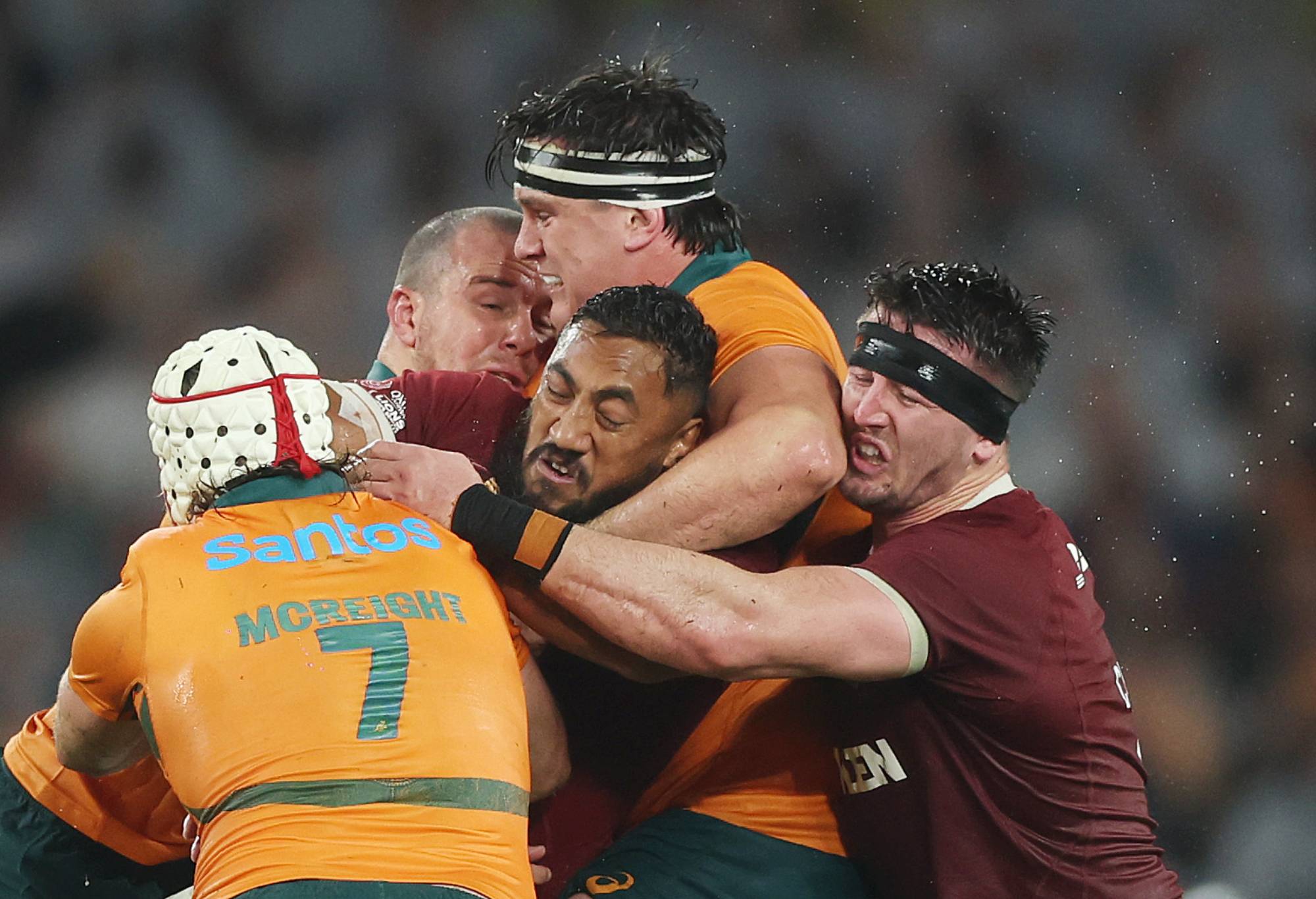 Bundee Aki of the British and Irish Lions is tackled during the third test of the series between Australia Wallabies and British & Irish Lions at Accor Stadium on August 02, 2025 in Sydney, Australia. (Photo by Mark Metcalfe/Getty Images)